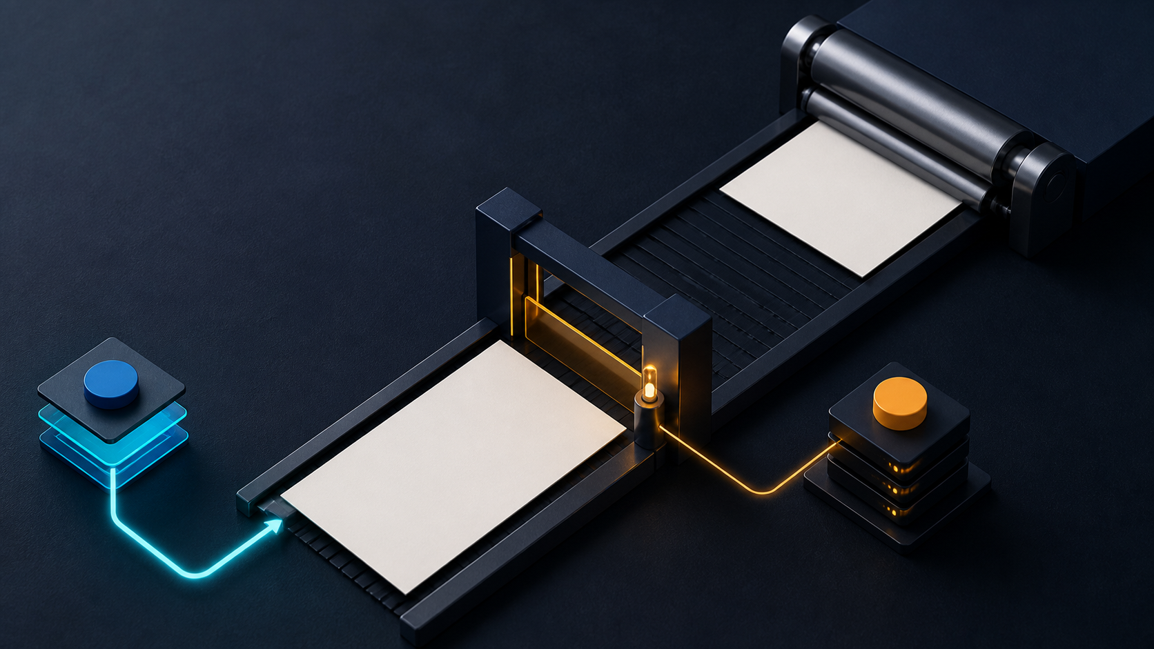 A document print path ending at a controlled authorization gate